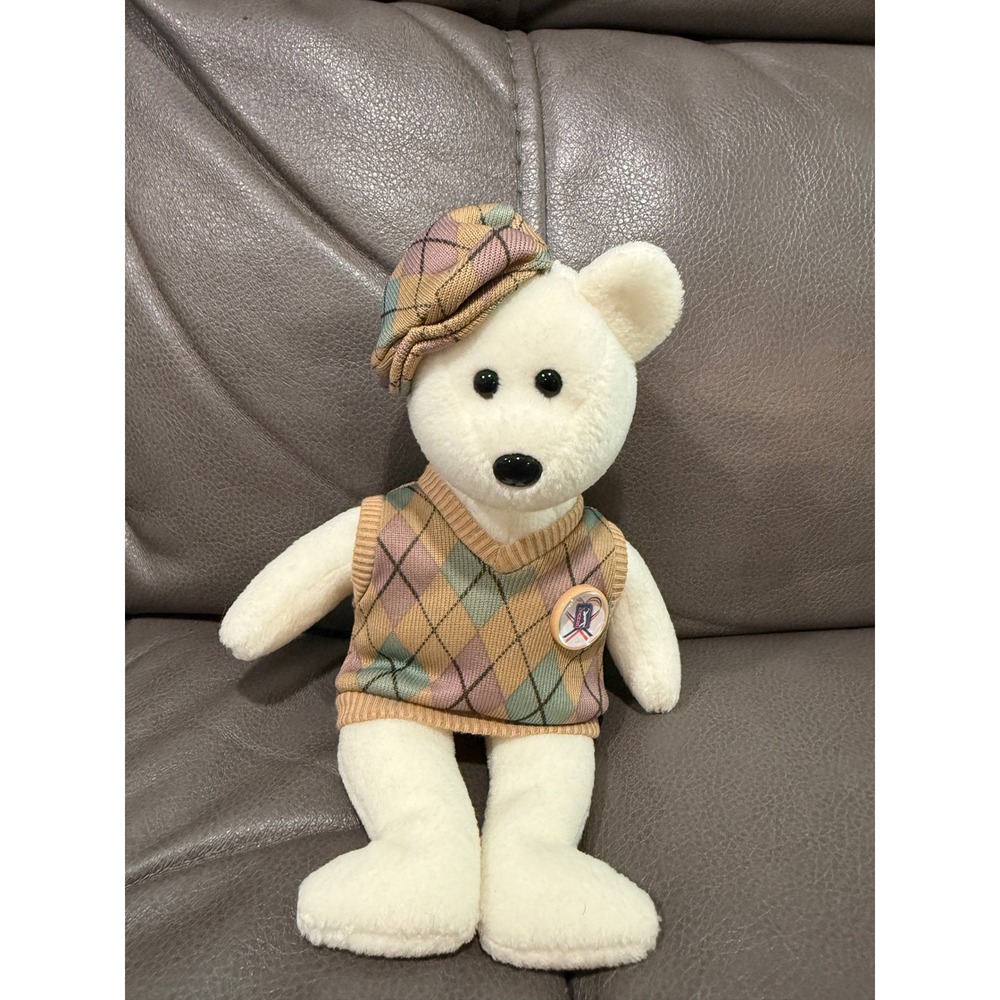 Ty Beanie Babies Tour Teddy White Golf Bear Argyle Sweater Vest PGA Tour‎ 2004